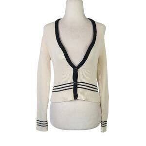 Vintage 90s Objects D'art Cream Black Stripe Crop Cardigan Sweater L